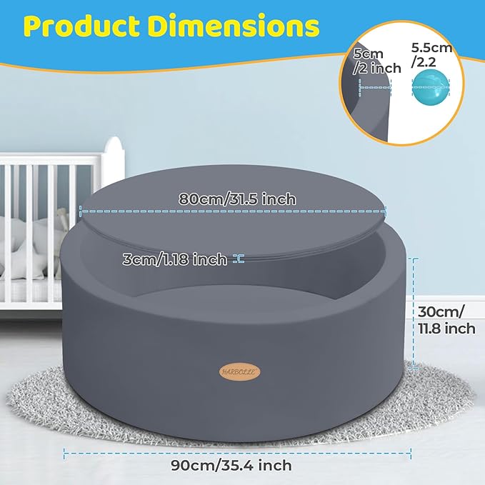 HARBOLLE Baby Ball Pit 35.4" Soft Round Memory Foam Ball Pits NOT Included Balls Indoor Outdoor Playpen for Babies Toddlers Kids Great Gift for Girls Boys, Dark Gray