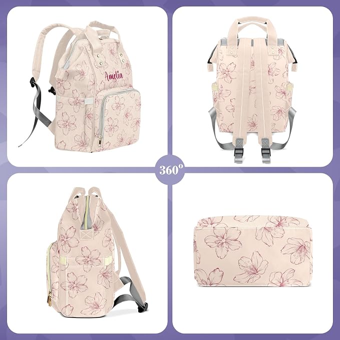 Custom Diaper Backpack, Upgraded Large Capacity Baby Changing Bag, Personalized With Name, Multifuction Mommy Backpack With Insulated Pockets for Boys Girls, Floral