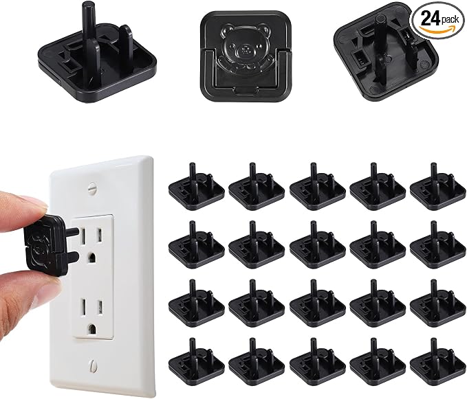 MECCANIXITY 24 Pack Outlet Covers Proofing, Electrical Safety Plug Covers Outlets Socket Proof Caps Easy Install Plug Power Sockets Protectors for 3-Prong Power Wall Plate, Square Cute Black
