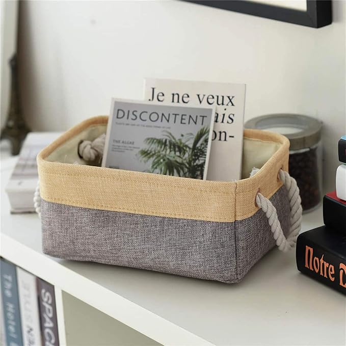 TheWarmHome Decorative Basket Rectangular Fabric Storage Bin Organizer Basket with Handles for Clothes Storage (Gold&Grey, Medium-1Pack,13.8L*9.8W*6.7H)