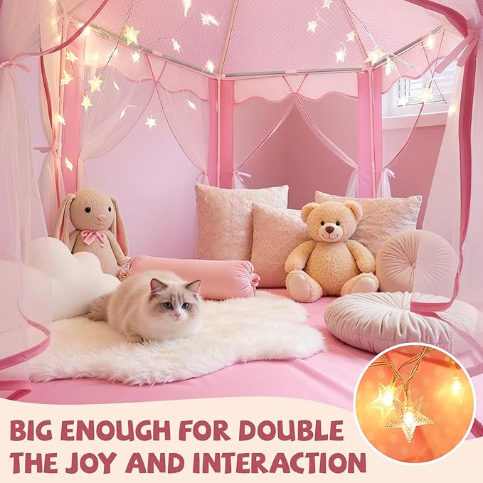 Sumbababy Princess Castle Tent for Girls Fairy Play Tents for Kids Hexagon Playhouse with Fairy Star Lights Toys for Children or Toddlers Indoor or Outdoor Games (Pink)