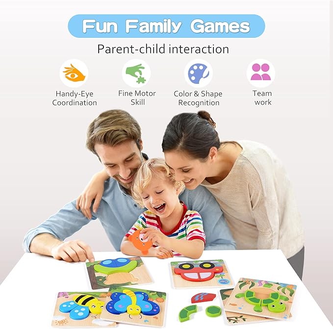 Magifire Wooden Puzzles, Set of 6 Puzzle Toys for Kids Toddlers 1–3, Baby Educational Animal Toys with Chunky Pieces & Bag - Butterfly, Bee, Woodpecker, Bear, Car, Turtle