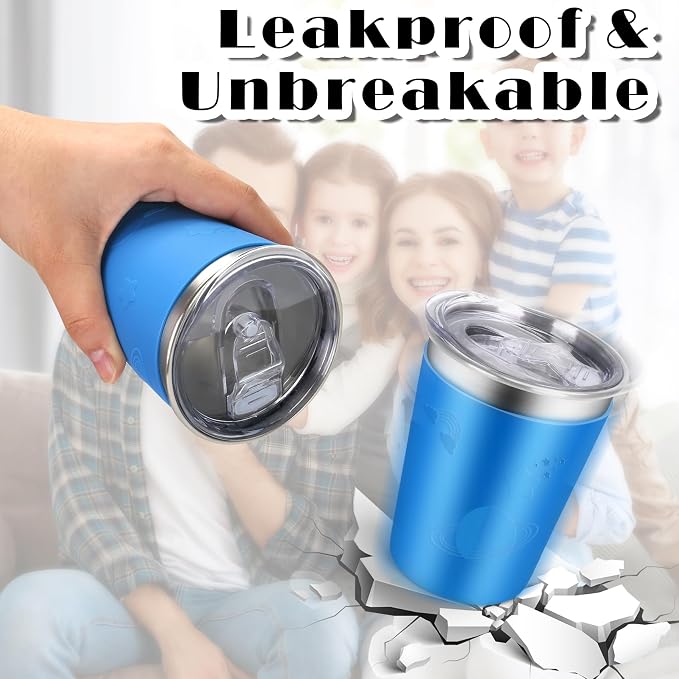 ShineMe Stainless Steel Cups for Kids, 2 pack Kids Cups with Lids and Cute Space Character Sleeves, 12oz No Spill Cups for Toddlers Reusable & Unbreakable