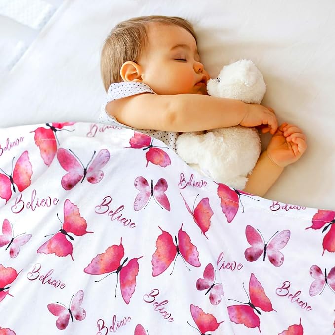 Butterfly Baby Blanket for Girls, Believe Print Soft Toddler Minky Receiving Blanket with Double Layer Dotted Backing for Newborn Infant Nursery Stroller Crib 29.5 x 39.3 Inch