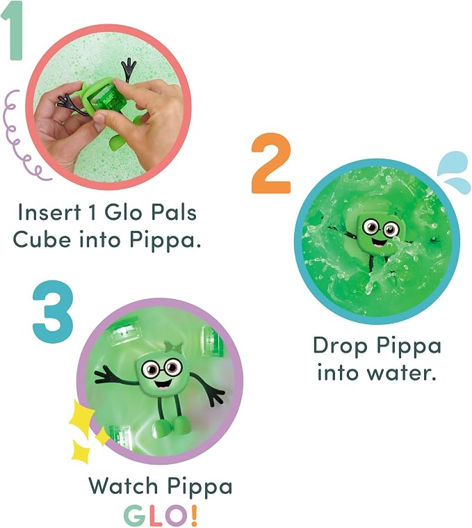 Glo Pals Water-Activated Light-Up Sensory Bath Toy Character and 6 Cubes for Bathtime and Sensory Play, Pippa, Glows Green