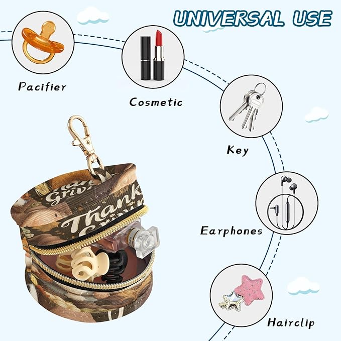 Pacifier Holder with Clip Pacifier Case for Diaper Bag Round Baby Pacifier Pouch Box Bag Portable Autumn Gnomes Pumpkin Brown