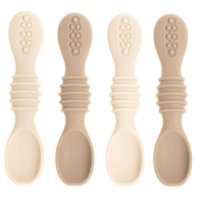 Silicone Baby Spoons for Baby Led Weaning 4-Pack, First Stage Baby Feeding Spoon Set Gum Friendly BPA Lead Phthalate and Plastic Free, Tan