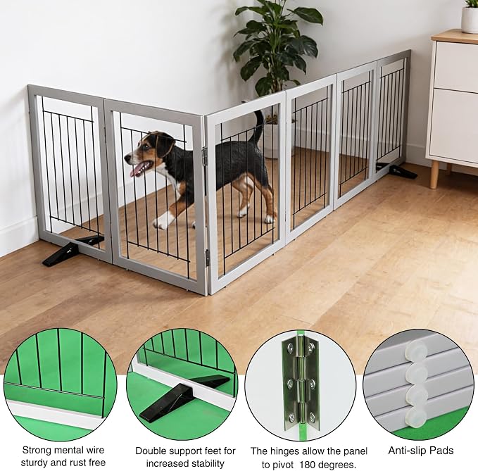 Dog Fence Indoor - 6-Panel Freestanding Dog Gate for Doorways, Hallways, House or Stairs -120x32-Inch Retractable Foldable Expandable Wood Pet by SFJC (Grey)