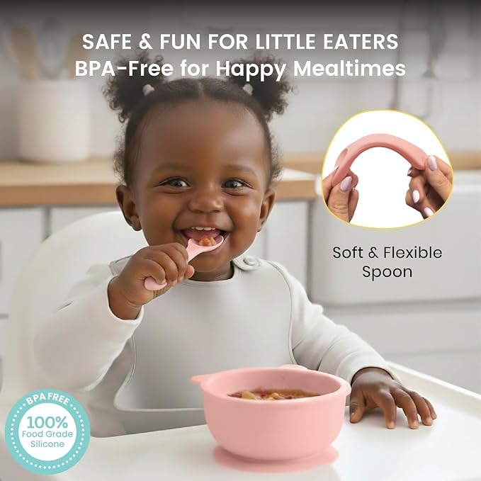 Lulyboo Silicone Bear Suction Bowl & Spoon Set for Babies & Toddlers - Food-Grade Silicone, Non-Spill Anti-Slip Base, Soft Gumming Spoon, Durable & Dishwasher Safe, Ideal for Self-Feeding