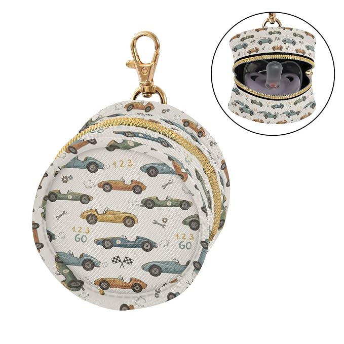 Cartoon Race Car Beige Print Pacifier Holder Case for Diaper Bag Portable Travel Pacifier Storage Case with Clip Pacifier Case Bag for Baby Boys Girls Outdoor Purse