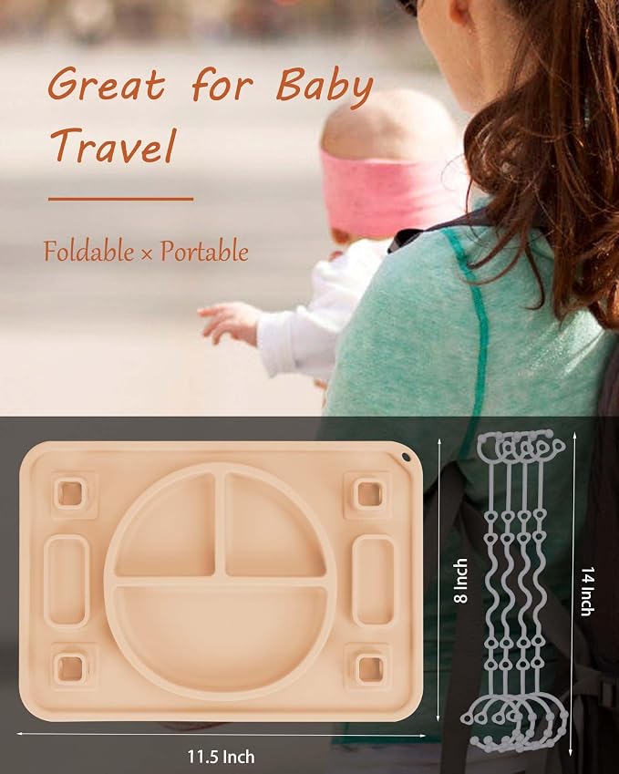 Strong Suction Baby Placemat, STARTURFLYU Silicone Toddler Plate with 4 Toy Straps & Anti-Peel Design, Dishwasher Safe Travel-Friendly Sensory Mat for High Chair, Airplane, Baby Led Weaning (Khaki)