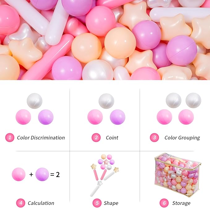 Ball Pit Balls for Toddlers 1-3, 300pcs Crush Proof Plastic Balls for Girls Ball Pit, BPA Free Non-Toxic Play Balls for Baby Pool, Playhouse, Tent, for Dogs & Pets, 3 Shapes Mixed Pink Purple