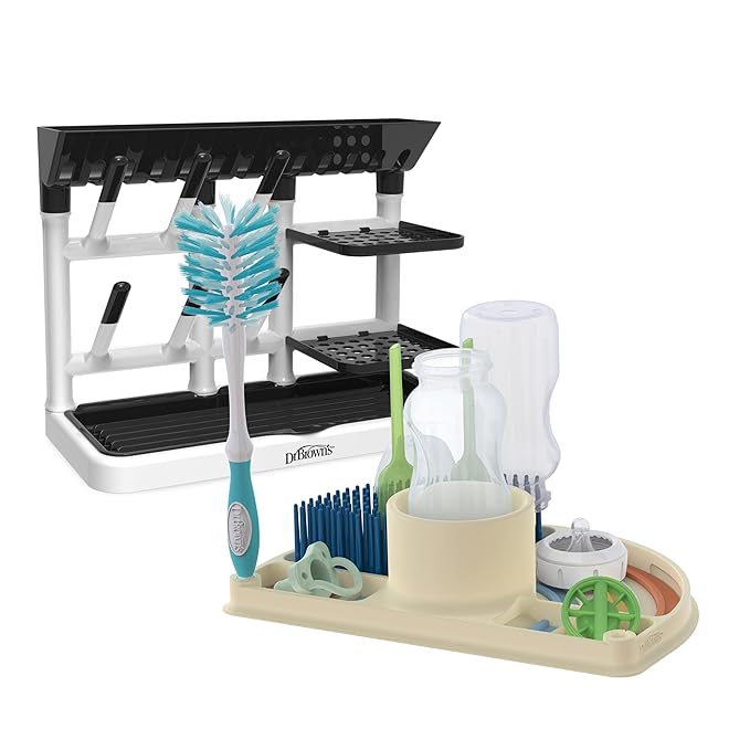 Dr. Brown's Drying Tower, Stand-Up Drying Rack with 2-in-1 Dry & Prep Silicone Mat, Silicone Baby Bottle Drying Mat with Removable Pegs for Baby Essentials, Built-in Bottle Prep, BPA-Free