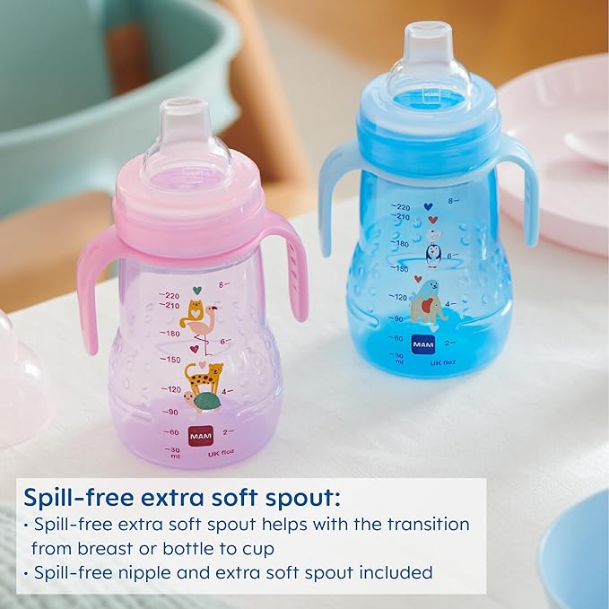 MAM Plastic Trainer Cup, Trainer Drinking Cup with Extra-Soft Spout, Spill-Free Nipple, and Non-Slip Handles, for Girls 4+ Months, Eight Ounces (Pack of 6)