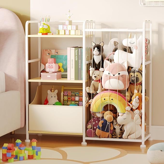 BBLIKE Kids Bookshelf and Toy Storage Organizer, Stuffed Animal Storage Holder with Fabric Toy Chest, 2-Tier Toddler Book Shelf for Kids Room, Playroom, Nursery, Beige