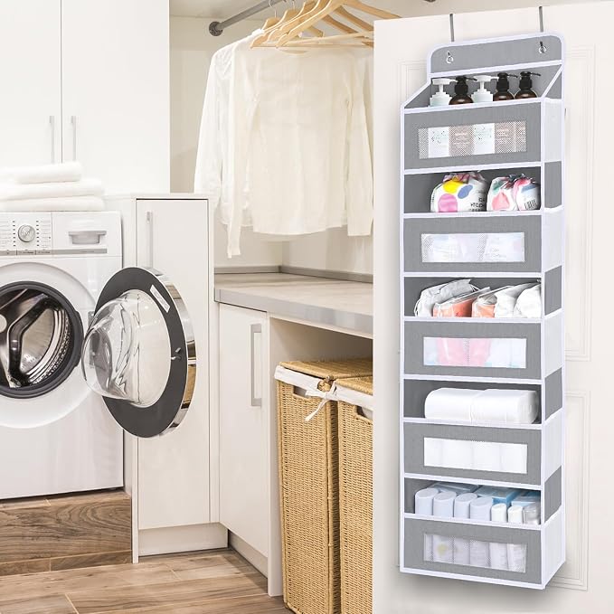 Over The Door Organizer Storage, 5 shelf Hanging Door Organizers with 10 Large Capacity Pockets, Anti Tilt 48 lb Load Behind Door Organizer for Bedroom, Bathroom, Pantry (Grey, 1 Pack)