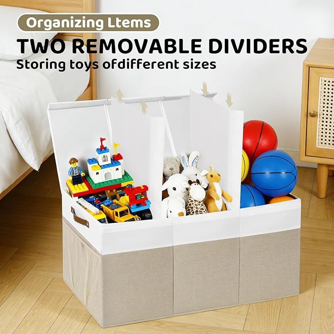 Extra Large Foldable Toy Chest with Lid,Collapsible Kids Toy Storage Box Organizer,Large Fabric Storage Bin for Nursery Playroom Bedroom Living Room,40?�x18?�x14??White & Beige