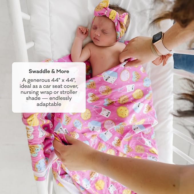 Little Sleepies Swaddle & Headband Bow Set, Viscose from Bamboo Baby Swaddles, Newborn Baby Girl Clothes (Luxe Pink Cookies & Milk)