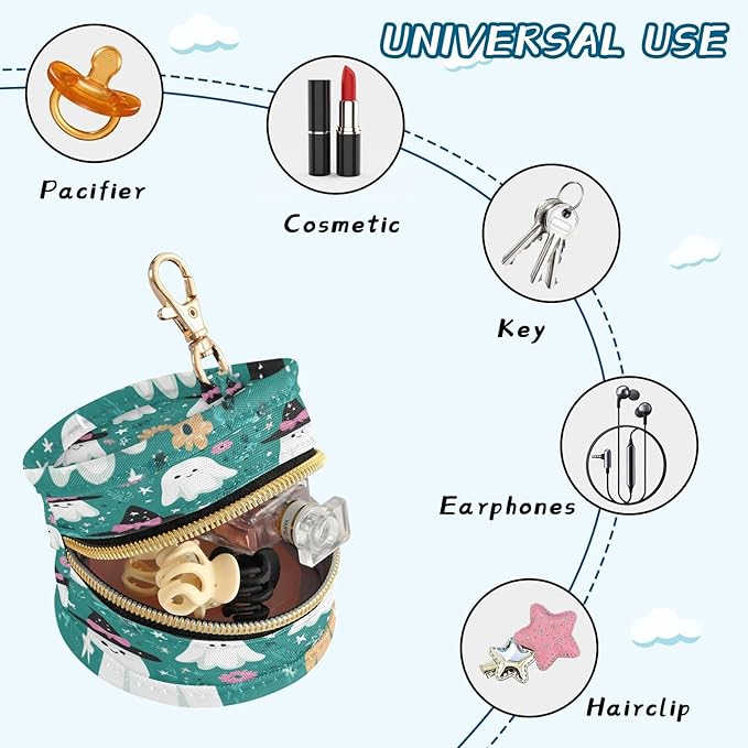 Pacifier Holder with Clip Pacifier Case for Diaper Bag Round Baby Pacifier Pouch Box Bag Portable Halloween Ghosties Stars and Flowers Teal