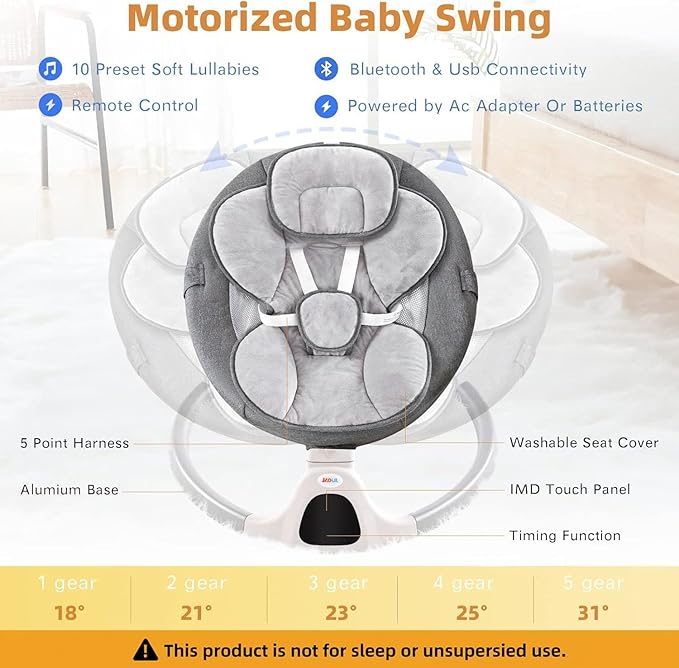 Soobaby Baby Swing for Infants,Electric Swing for Babies,Portable Swing for Baby Boy Girl,Remote Control Indoor Baby Rocker with 5 Sway Speeds,Music and Bluetooth,Light Gray