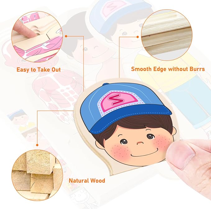 Wooden My Body Puzzle for Toddlers & Kids, Boys Montessori Anatomy Puzzle Kid Play Set, Preschool Game Learning Human Body Skeleton Toys for Kids Ages 3-5