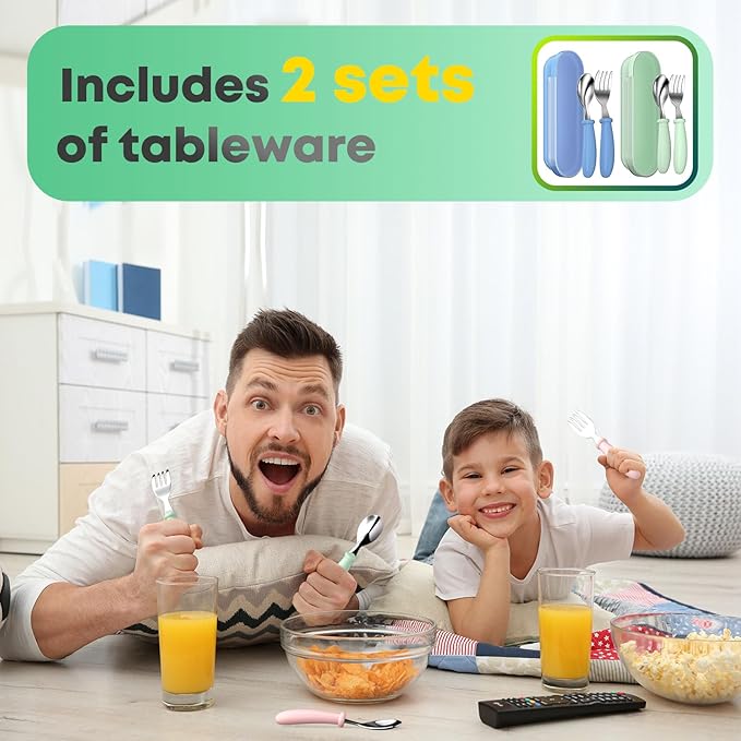 Toddler Utensils, Toddler Forks and Spoons, Baby Stainless Steel Silverware Set with Storage Box for Self Feeding Safe, Dishwasher Safe (2 Set with Case)