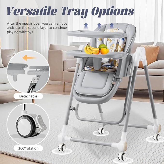 Multi Functional All in 1 Baby High Chair Swings for Infants Foldable Rocking 8 Level Height Adjustment Eco Friendly Washable PU Cushion Ultimate Baby Feeding Chair (Gray)