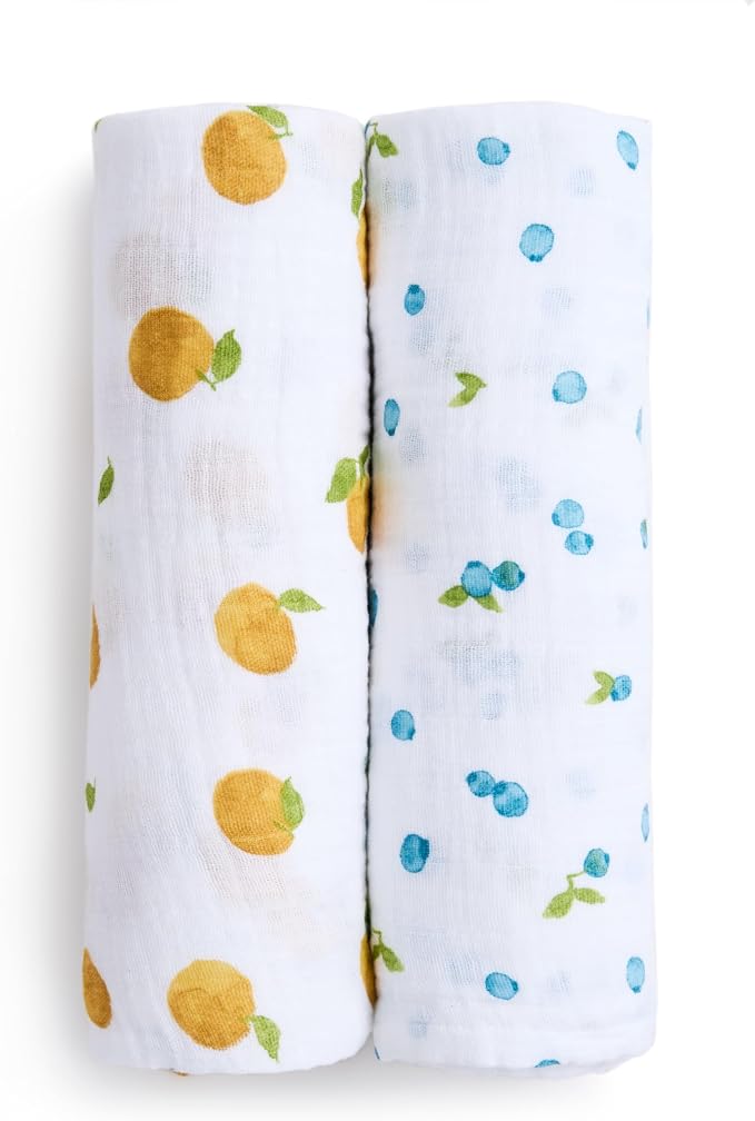 aden + anais Boutique Organic Cotton Muslin Swaddle 2 Pack, Breathable Baby Receiving Blanket, Soft and Lightweight Wrap, Diaper Bag Must Have, Fresh Fruit
