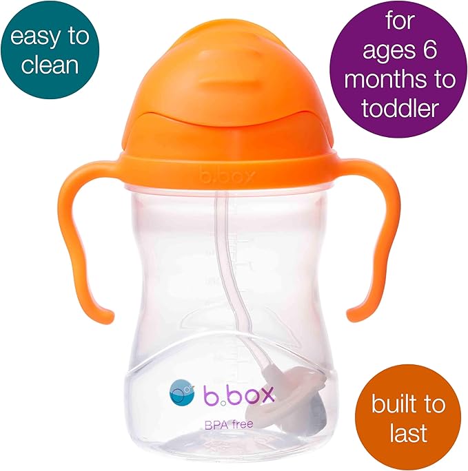 b.Box Sippy Cup with Weighted Straw. Drink from Any Angle, Leak Proof, Spill Proof, Easy Grip. BPA Free, Dishwasher Safe. for Babies 6m+ to Toddlers (Orange Zing, 8oz)