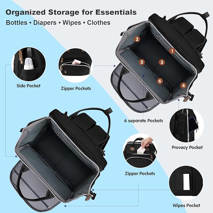DERJUNSTAR Diaper Bag Backpack, Large Baby Bag with Changing Pad, Thick Padded Back & Straps, Laptop Compartment, Waterproof Travel Backpack with USB Port, Multi-Function for Mom & Dad, Black