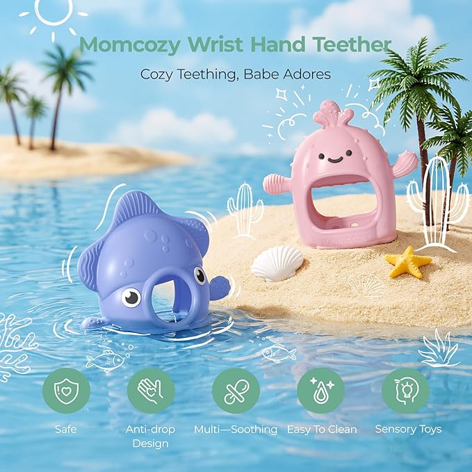 Momcozy Baby Teething Toys, Food Grade Silicone Baby Teether for 0–12 Months, Baby Adjustable Teethers Mitten, Easy Grip Teething Relief with Multiple Chew Points,Sensory Exploration ，Sky Blue
