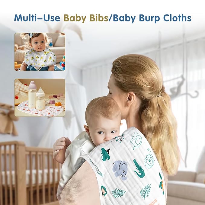 Muslin Burp Cloths, 6 Layers Baby Burp Cloths 6 Pack, Ultra-Soft Burping Cloth, Organic Cotton Boy Girl Burp Cloes Absorbent Spit-Up Cloths Mom Newborn Essentials Gift Set