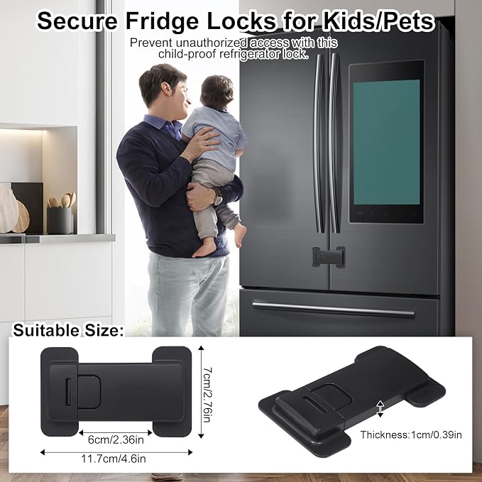 Fridge Locks for Kids, Child Proof Refrigerator Lock, Baby Safety French Fridge Door Lock, Child Cabinet Locks with Strong 3M Adhesive, No Drill, Tool-Free Install (1 Pack, Black)