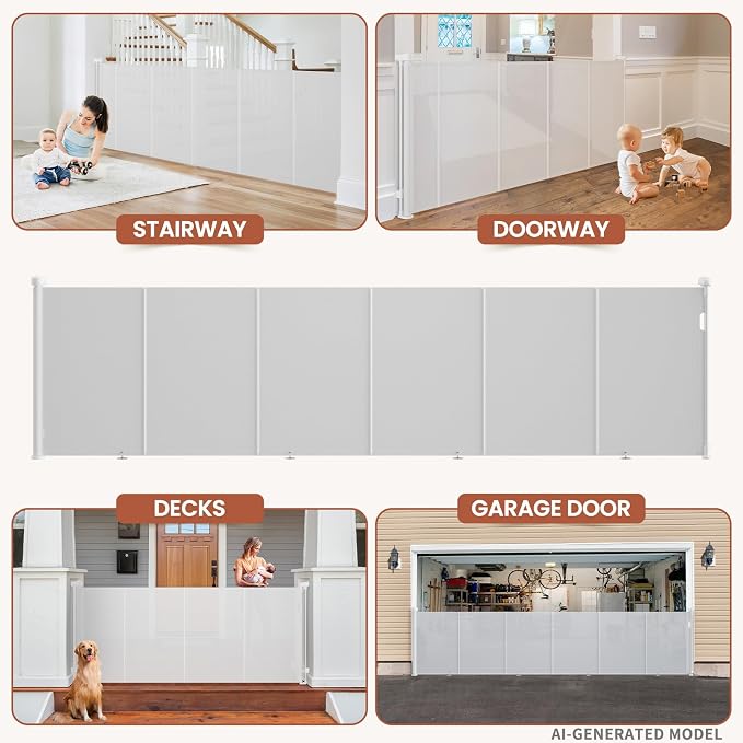 Upgrade Retractable Baby Gates Extra Wide(150" W x 42" H), 150 inch Reinforced Retractable Dog Gate to Prevent Crawling Through, Retractable Gate Outdoor/Indoor, Real One-Handed Operation, White