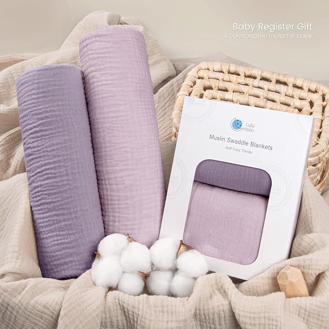 lulumoon Muslin Swaddle Blanket Baby Receiving Blankets Neutral, 2 Pack, Purple