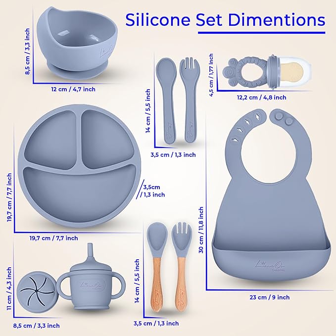 Silicone Baby Feeding Set, 10 Pcs Baby Led Weaning Supplies | BPA-Free Baby Dishes with Toddler Plates and Bowls Set, Silicone Bib, Suction Cup, Baby Spoons & Forks | Empower Independence ??Gray