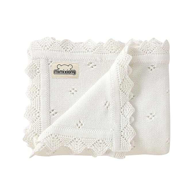 mimixiong Cotton Baby Blanket Knitted Crochet Receiving Crib Nursery Swaddling Blankets for Newborn Baby Boy Girl Off White 30x40 Inch
