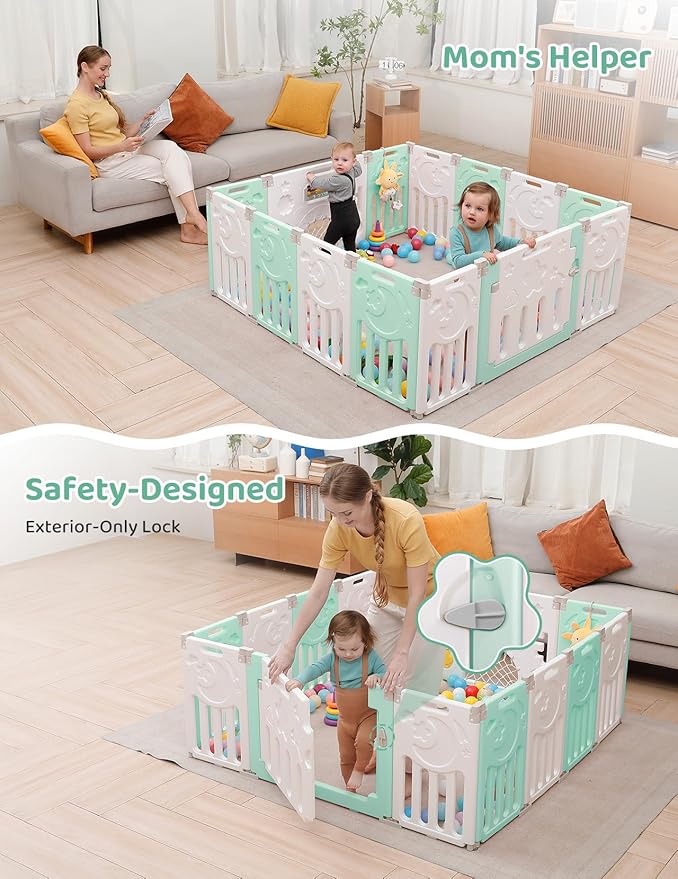 Baby Playpen, Dripex Baby Playard for Babies and Toddlers, 14-Panel Foldable Playpen Adjustable Portable Play Area, Indoor/Outdoor Kids Active Center with Game Panel & Safety Gate, Light Green White
