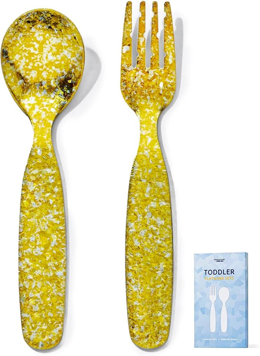 KINGSTONE Toddler Utensils Set, Pure Titanium 2-Piece Fork & Spoon Gift Set, Lightweight Kids Silverware for Self-Feeding Training, Easy Grip, BPA-Free, Dishwasher-Safe, Gold