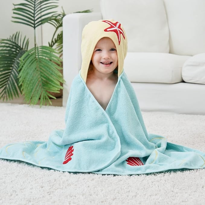 Style Quarters Premium 100% Cotton Terry Kids Beach Towel with Mermaid Embroidery - Hooded Bath Towel for Toddlers, Cyan 50"x24"