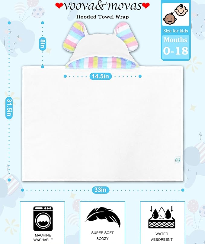 VOOVA & MOVAS Cute Elephant Ears Large Hooded Towel for Baby ??100% Cotton, 420GSM, Thick & Super Absorbent ??33" x 31.5", for 0??8 Months ??Newborn, Toddler, Infant Bath Towel, Baby Essentials，White