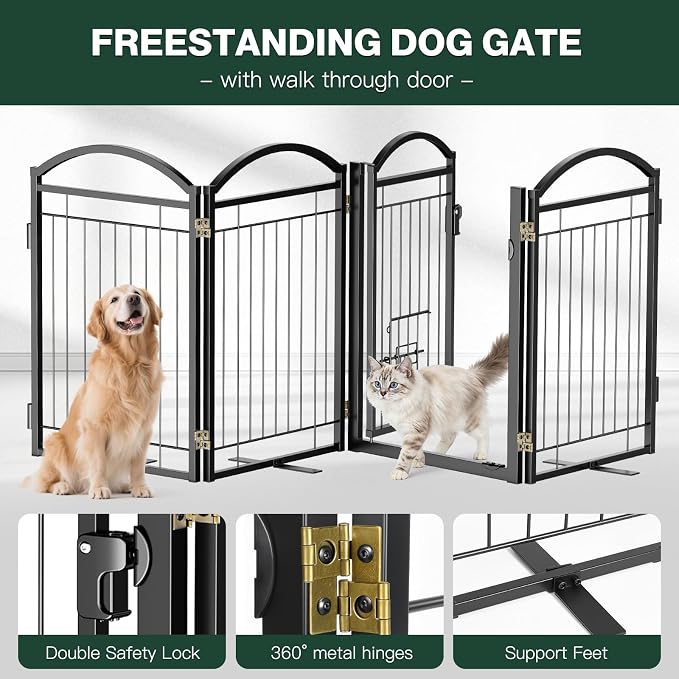 Metal Freestanding Dog Gate with Cat Door for Indoor & Outdoor,30" Tall Foldable Dog Fence,120" Extra Wide Freestanding Pet Gate for Large Openings,RV Camping,Stairs,Deck,Yard,Doorways(6 Panels,Black)