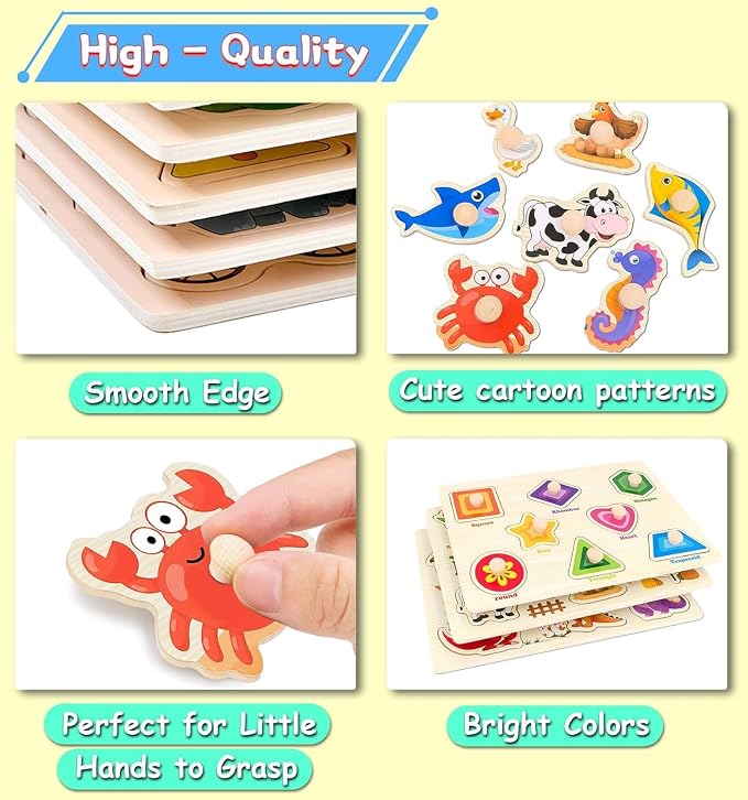 8Pcs Wooden Puzzle for Toddler 1-3, Rectangle Peg Puzzles for Toddler 2-4, Montessori Learning Toys with Animals, Dinosaur, Fruits & More, Preschool Puzzle Set Educational Toys Toddler Gifts