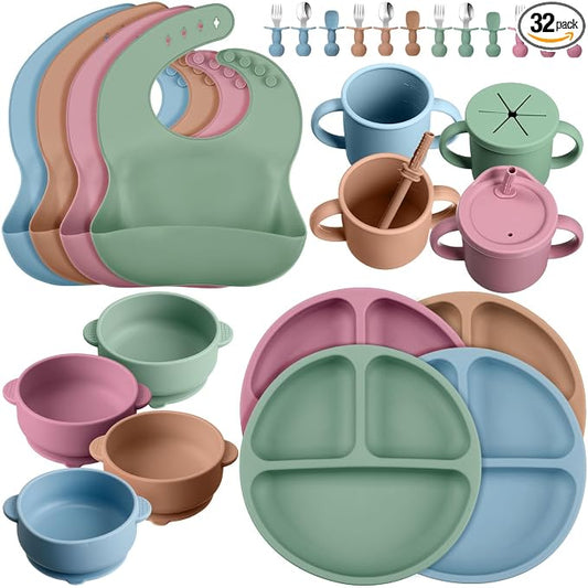 Yinder 32 Pack Silicone Baby Feeding Set Baby LED Weaning Supplies Includes Suction Divided Plates Soft Bowl Spoons Forks Adjustable Bib Snack Cup with Lid and Straws(Bright Color)