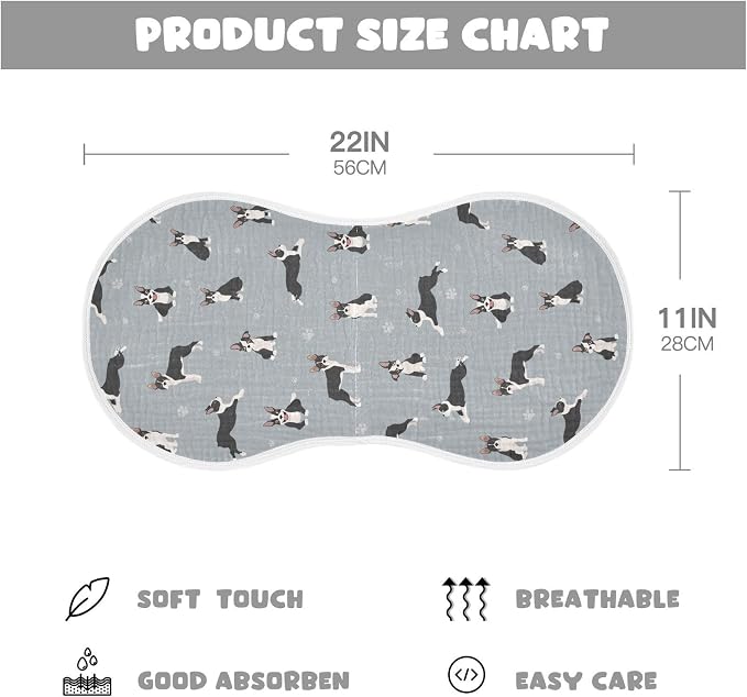 Muslin Burp Cloths for Baby Boys and Girls - 1-Pack Ultra Absorbent Boston Terrier Dog Muslin Washcloths, Newborn Towel, Milk Spit Up Rags, Burp Cloth Bib for Unisex, 22 x 11 Inch
