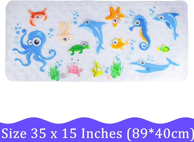 Cute Cartoon Non-Slip Bath Mat for Tub - Anti-Slip Kids Bathtub Mat, Slip-Resistant Shower Mat for Bathroom Safety, 35 X 15.3 Inch, Easy to Clean (Blue Ocean)