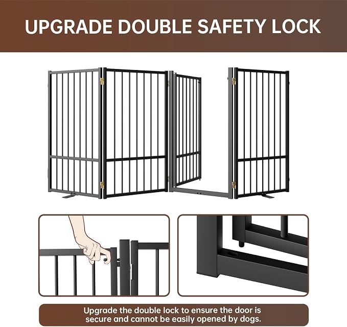 4 Panels Full Metal Freestanding Dog Gates with Door, 80” W x 36” H Folding Pet Gate Fence with Support Feet for Indoor,Stairs, Hallways and Doorways(Black)