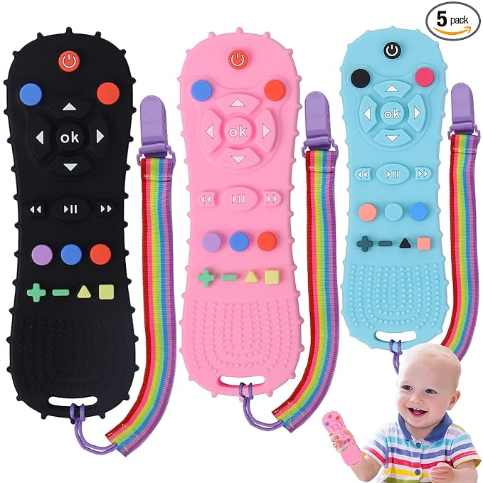 BEBECAN 3 Pack Silicone Baby Remote Teether Chew Toy for Infant TV Teething Remote Control Shape Play Remotes for Babies 3-24 Months (Black+Blue+Pink)