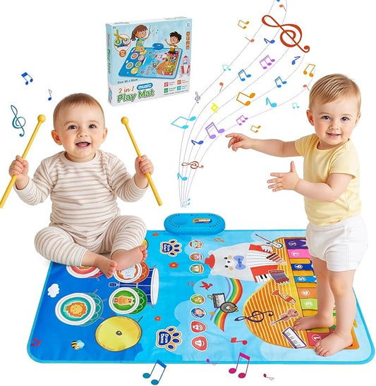 Baby Musical Play Mat,Early Educational 3 in 1 Floor Piano Drum Animal Touch 31.5"*19.6 " Play Blanket Montessori Sensory Musical Learning Toys,Baby Birthday (Blue Bear)