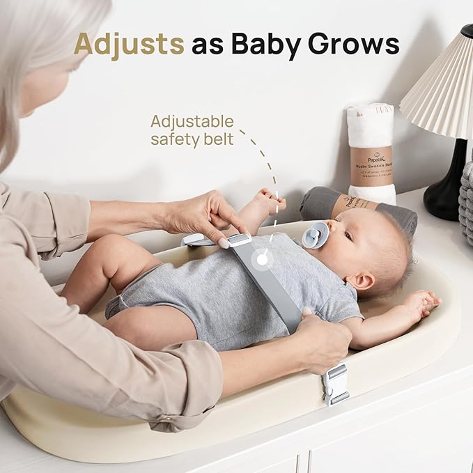 Papablic Baby Changing Pad ??Soft & Wipeable Diaper Changing Table Mat for Dresser Bed Sofa, Built-in Safety Belt, Non-Slip, Waterproof, Easy to Clean ??Ideal Gift for New Parents (Beige)